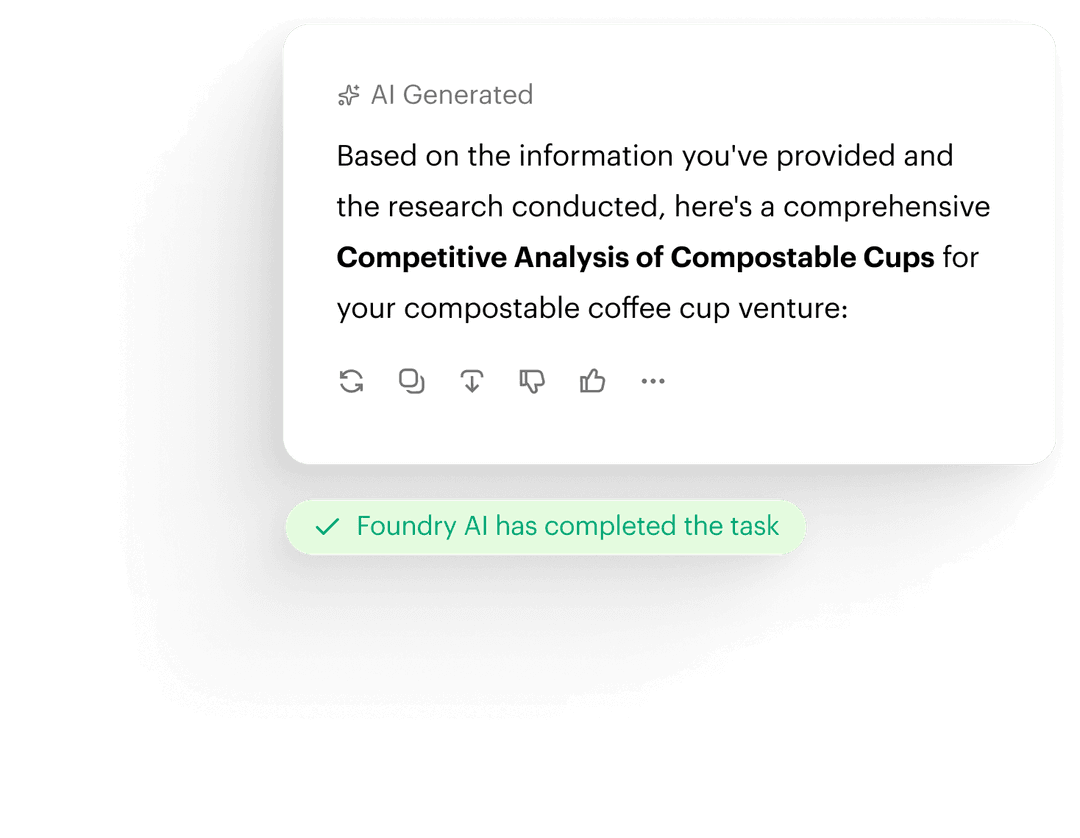 A notification card with an "AI Generated" label presenting a competitive analysis of compostable cups, followed by a green checkmark message stating "HBSAI AI has completed the task."