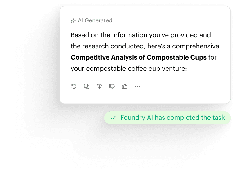 A notification card with an "AI Generated" label presenting a competitive analysis of compostable cups, followed by a green checkmark message stating "HBSAI AI has completed the task."