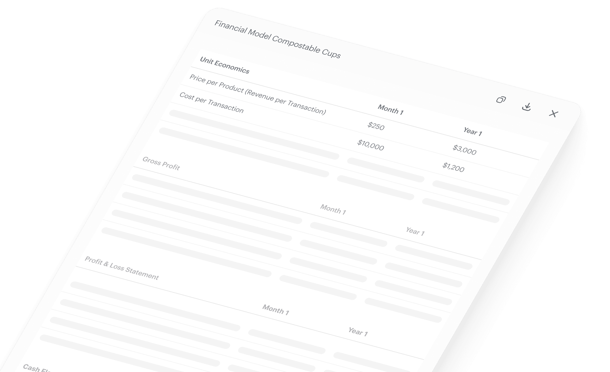 Financial model document for compostable cups showing unit economics with price and cost per transaction for Month 1 and Year 1, including gross profit and profit & loss sections. Most details are blurred out.Financial model document for compostable cups showing unit economics with price and cost per transaction for Month 1 and Year 1.