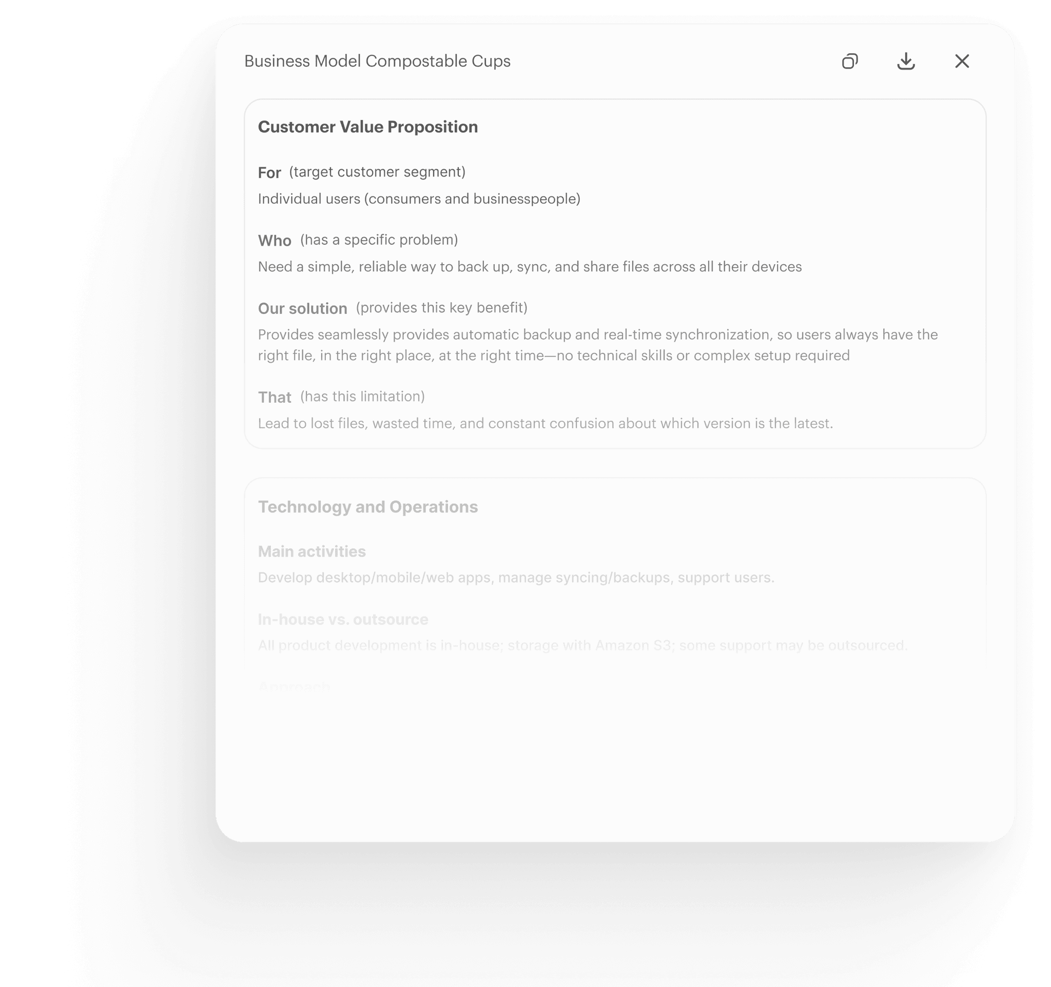 Popup window titled "Business Model Compostable Cups" displaying a customer value proposition for a backup and sync solution for individual users, detailing target segment, user problem, solution benefits, and limitations. Lower section summarizes technology and operations activities with most content faded.